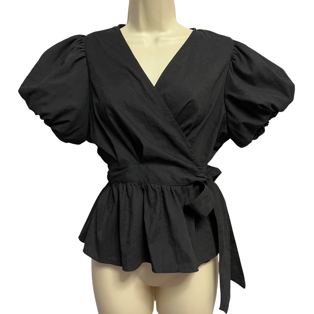 On‎ Twelfth Wrap Top Womens Small Puff Sleeve Peplum Belted Blouse Viscose